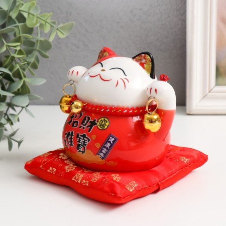 Piggy bank Ceramics "Cat Mani-Neko attracting wealth" red 9.5x12x11 cm-3