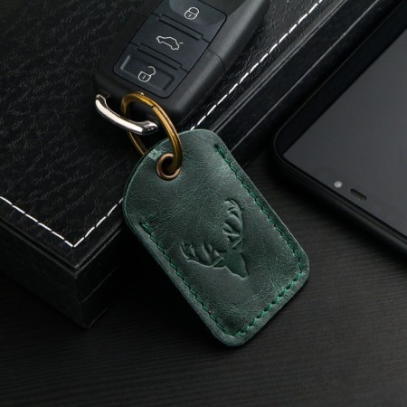 Key leather keychain, label, rectangular, genuine leather, green, deer-1