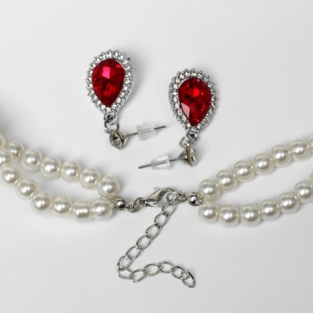 Set 2 objects: earrings, Katrin necklace red insert, white color in silver, 45 cm-1
