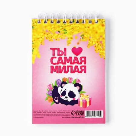 Notepad A6, 40 leaflets in a cage. Cardboard Cover "Panda, March 8"-3