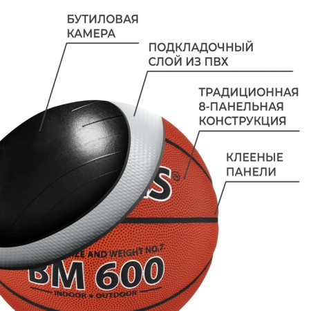 Basketball ball Torres BM600, B10027, PU, ​​glued, 8 panels, p. 7-2