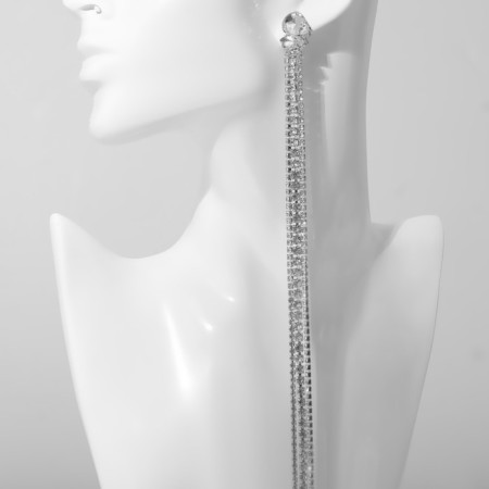 Hanging earrings with rhinestones "Waterfall" oval 3 threads, white color in silver, 32 cm-2