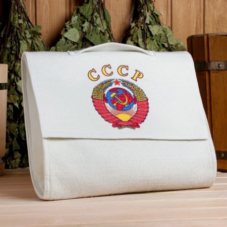 Set for a bathhouse and sauna 5 in 1 (bag, hat, mitten, rug, washcloth), with a print "USSR", white-2