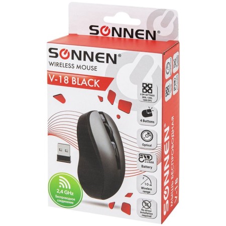 Wireless mouse with a silent click Sonnen V18, USB, 800/1200/1600 DPI, 4 buttons, black, 1081454-2
