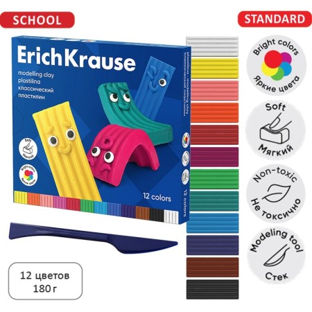 Plasticine 12 colors, 180 g, Erichkrause "Color Friends", with a stack, in cardboard packaging