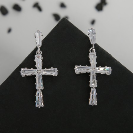 Earrings with rhinestones “Spark crosses” White color in silver-1