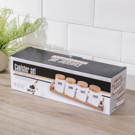 A set of ceramic cans for bulk products on an esthete wooden stand, 4 items: 200 ml, white color-2