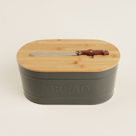 Metal breadstone with a bamboo lid SL Home “CACE”, 2 items: Bread 36 × 20 × 15.5 cm, knife length 28.3 cm-2