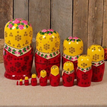 Matryoshka "Semenovskaya", yellow scarf, 12 puppet, higher category-1
