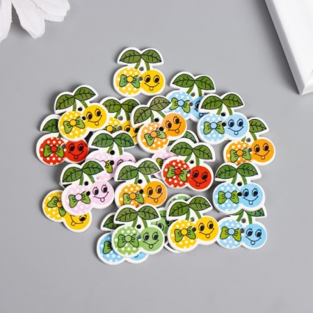 Buttons wood for creativity 2 punctures "cherries with a bow" set of 20pcs 1.9x1.9x0.2 cm mix