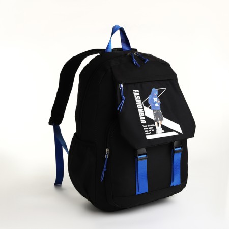 School backpack from textiles on lightning, 5 pockets, black/blue color-2