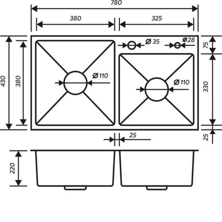 Kitchen sink "RMS" MR-7843, mortise, thickness 3.0 and 1 mm, basket, dispenser, satin-3