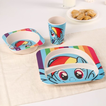 A set of children's bamboo dishes, 5 objects: plate, fork, spoon, glass, bowl "Rainbow Dash", My Little Pony-4