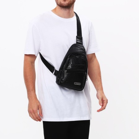 Male sling bag, artificial leather, headphone opening, black color-6