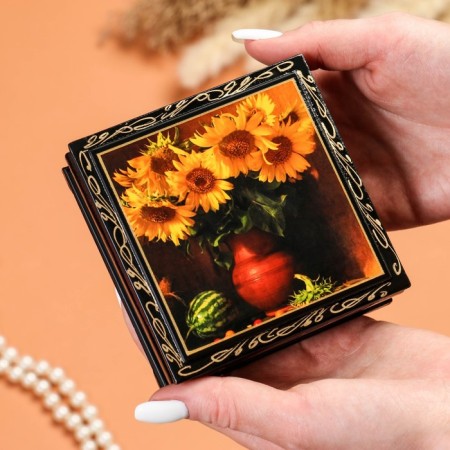 Bouquet "Bouquet of Sunflowers in a Vase", 10 × 10 cm, lacquer miniature-2