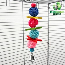 Bird toy, takrau balls with a bell and beads mixed with a mix of flowers
