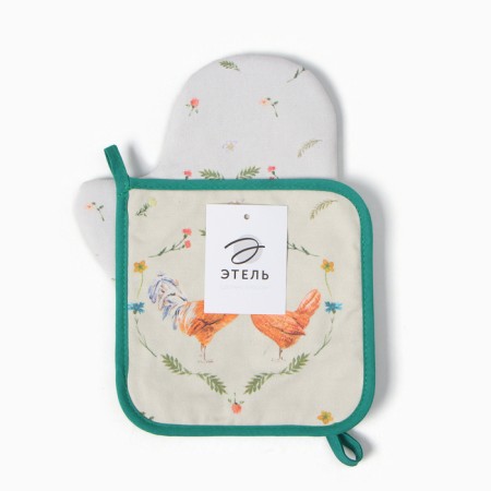 Set of kitchen. Ethel "Chicken and Rooster" mittens-output 20x28cm, capture 19x19cm, 100% HL-3