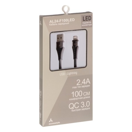Cable AcCESSTYLEL AL24-F100LED, Lightning-USB, 2.4A, LED, Fast charging, 1m, black-gray-3
