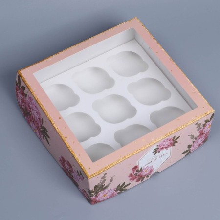 Capcake box, confectionery packaging with a window, 9 cells "Flowers", 25 x 25 x 10 cm-1