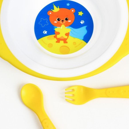 A set of children's dishes "Bear Prince", a plate on the suction cup 250ml, fork, spoon-2