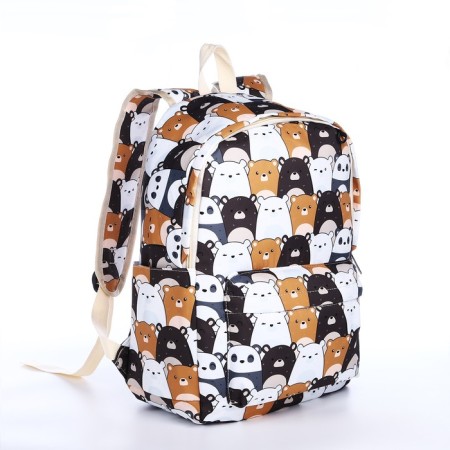 School backpack of textiles on a zipper, 3 pockets, pencil case, white/brown color-4