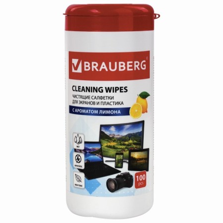 Cleansing napkins for screens and plastic, universal, “lemon”, in the tube 100 pieces, wet