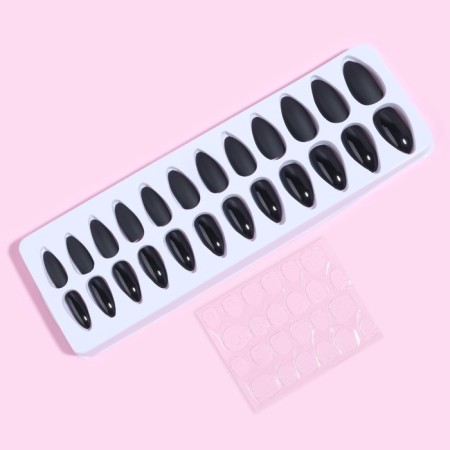 Falbled nails, 24 pcs, with adhesive plates, the shape of the almonds, matte/glossy, black color-2