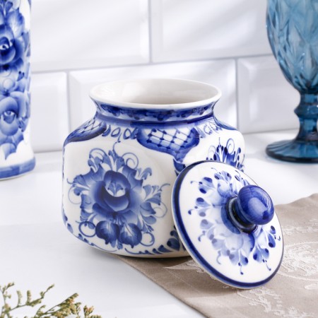 Bank for bulk "flowers", small, gzhel-1