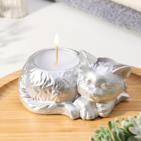 Candle "Cat" in the candlestick of gypsum, 8.5x13x7cm, silver