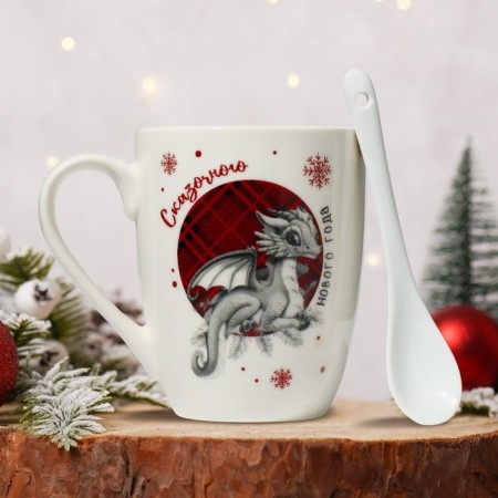 Ceramic mug with a spoon of "fairy -tale New Year", 310 ml, white color-1