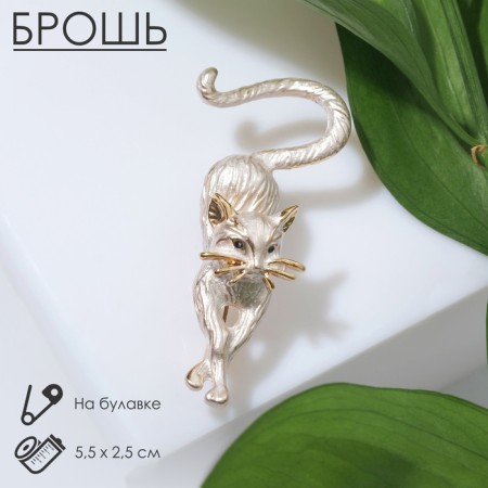 Brooch "Cat" grace, matte white color in gold