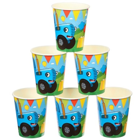A set of paper utensils, on 6 people "Happy Birthday!", Blue Tractor-4