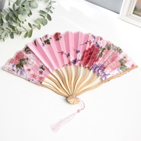 Fan bamboo, textile h = 21 cm bend, with a brush "flowers" in a box, pink-1