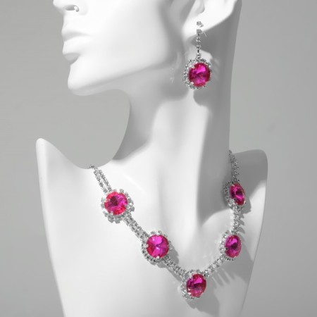 Set 2 objects: earrings, necklace "elites" circles in patterns, color pink-white in silver, 40 cm