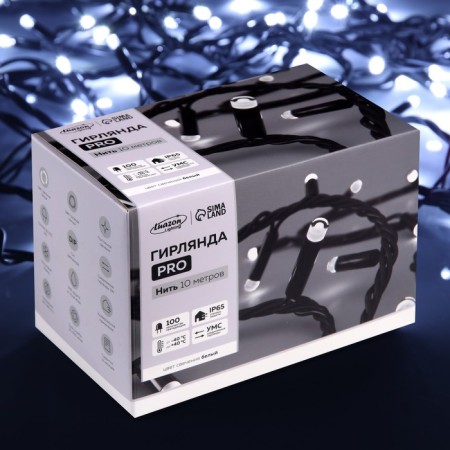 Garland “thread” 10 m, IP65, UMS, dark rubber thread, 100 LED, white glow, 220 V-5