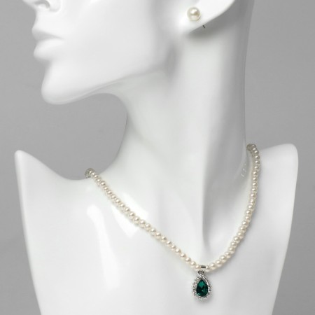 Set 2 objects: earrings, necklace "ease" green drop, white color in silver, 45 cm