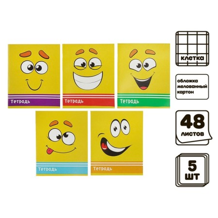 A set of notebooks of 5 pieces, 48 ​​sheets in the Calligrata “Smiley” cage, covered cardboard, offset block-1