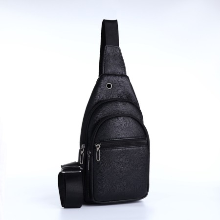 Male sling bag, artificial leather, headphone opening, black color-1