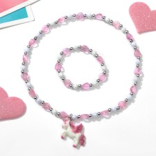 Set of children's “chosen” 2 subjects: pendant, bracelet, unicorn with hearts, white-pink color