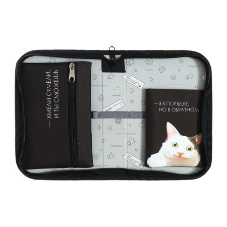 Penal 1 section 140 x 210 x 40 mm, folding pocket and cosmetic bag, fabric, calligrata topontent "cats memes"-5