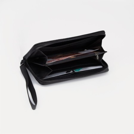 Male purse with zipper, department for bills, for maps, for coins, black color-3