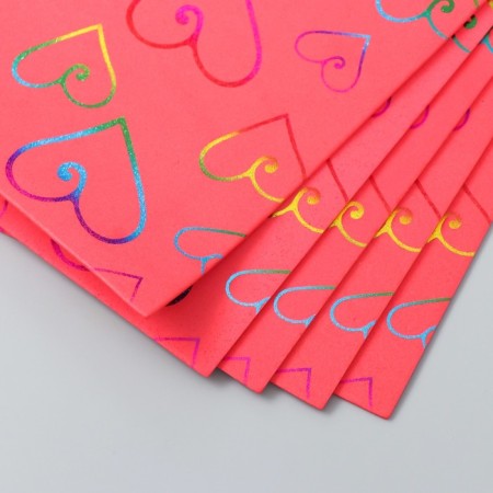 Foamiran holography "curved hearts on red" 2 mm format A4 set 5 sheets-2