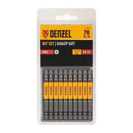 Набор бит Denzel 11643, круглый профиль, PH2 х 70 мм, сталь S2, 10 шт.-2