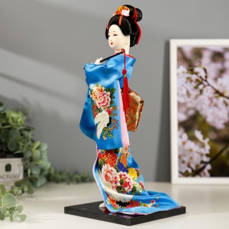 Collector doll "Japanese in a silk blue kimono with flute" 30x12.5x12.5 cm-2