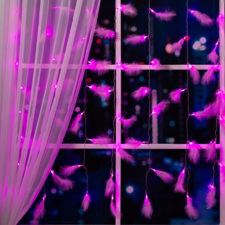 Garland "Curtain" 3 × 1.4 m with nozzles "feathers", IP20, transparent thread, 80 LED, pink glow, 8 modes, 220 V