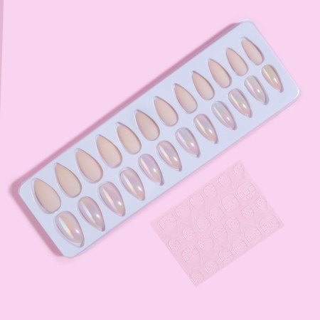 Falbled nails, 24 pcs, with adhesive plates, form of almonds, matte/holography, beige color-2