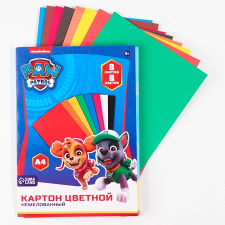 Cardboard color, A4, 8 sheets, 8 colors, non -unilateral, in a folder, 220 g/m², puppy patrol-1