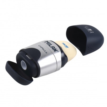 Milan Capsule Silver sharpener, 1 hole with a container, with an eraser, mix-2
