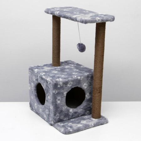 House for cats with a claw, two -story, with windows, 50 x 36 x 75 cm, gray with paws-4