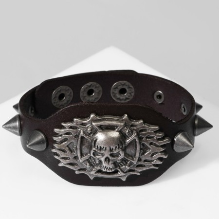 Bracelet Skin "Skull" with spikes, brown color with black silver, 23 cm-1
